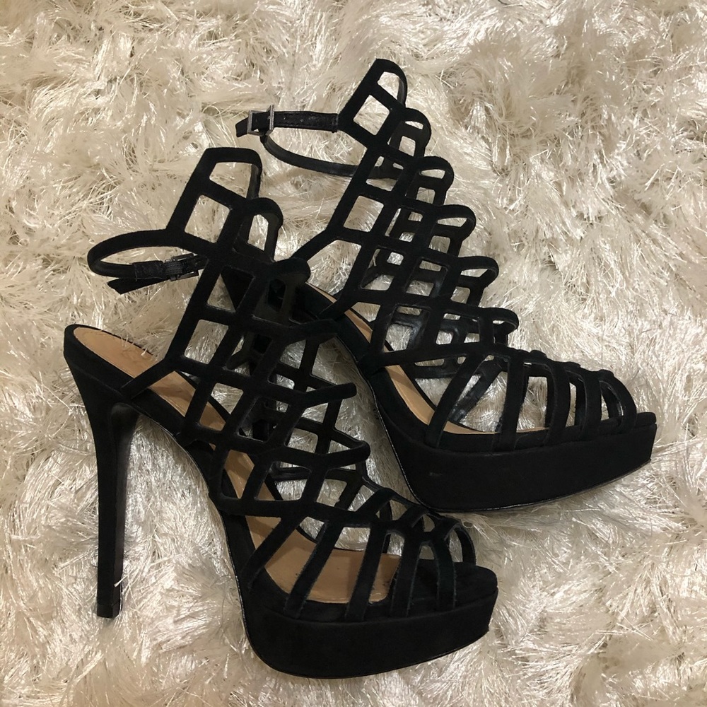 SCHUTZ Black Suede Cage Platform Stiletto Sandals